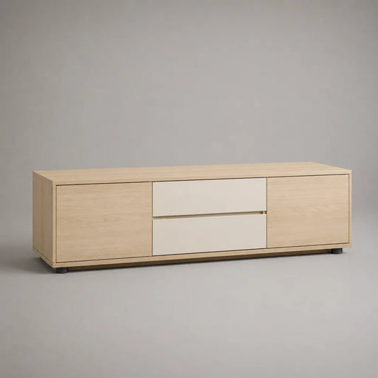 Basso armadio rettangolare TV in pannelli in melamina e MDF, 2 ante e 2 cassetti, rovere chiaro, bianco e nero, 160 × 40 × 55 cm