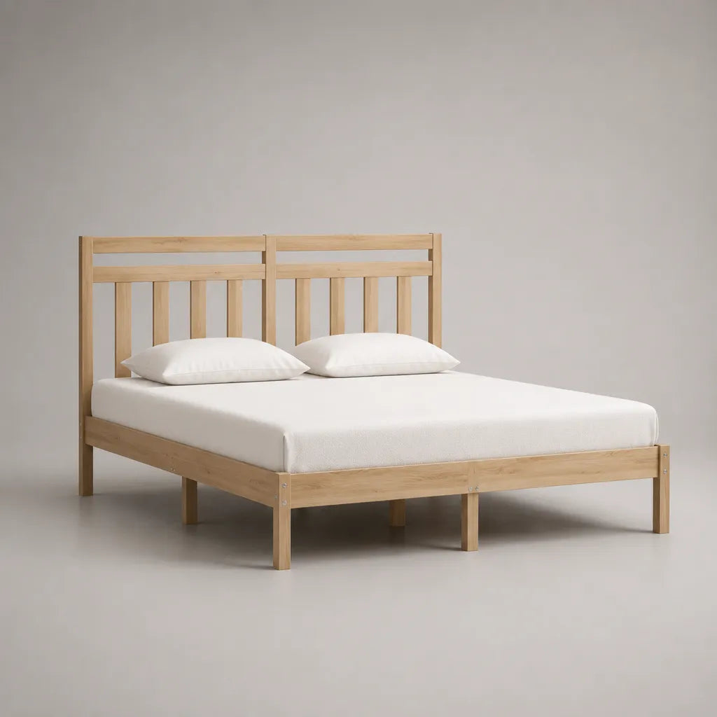 Letto matrimoniale in legno naturale con testata e letto con latte, letto 160 × 200 cm, dimensioni 208 × 168 × 100 cm
