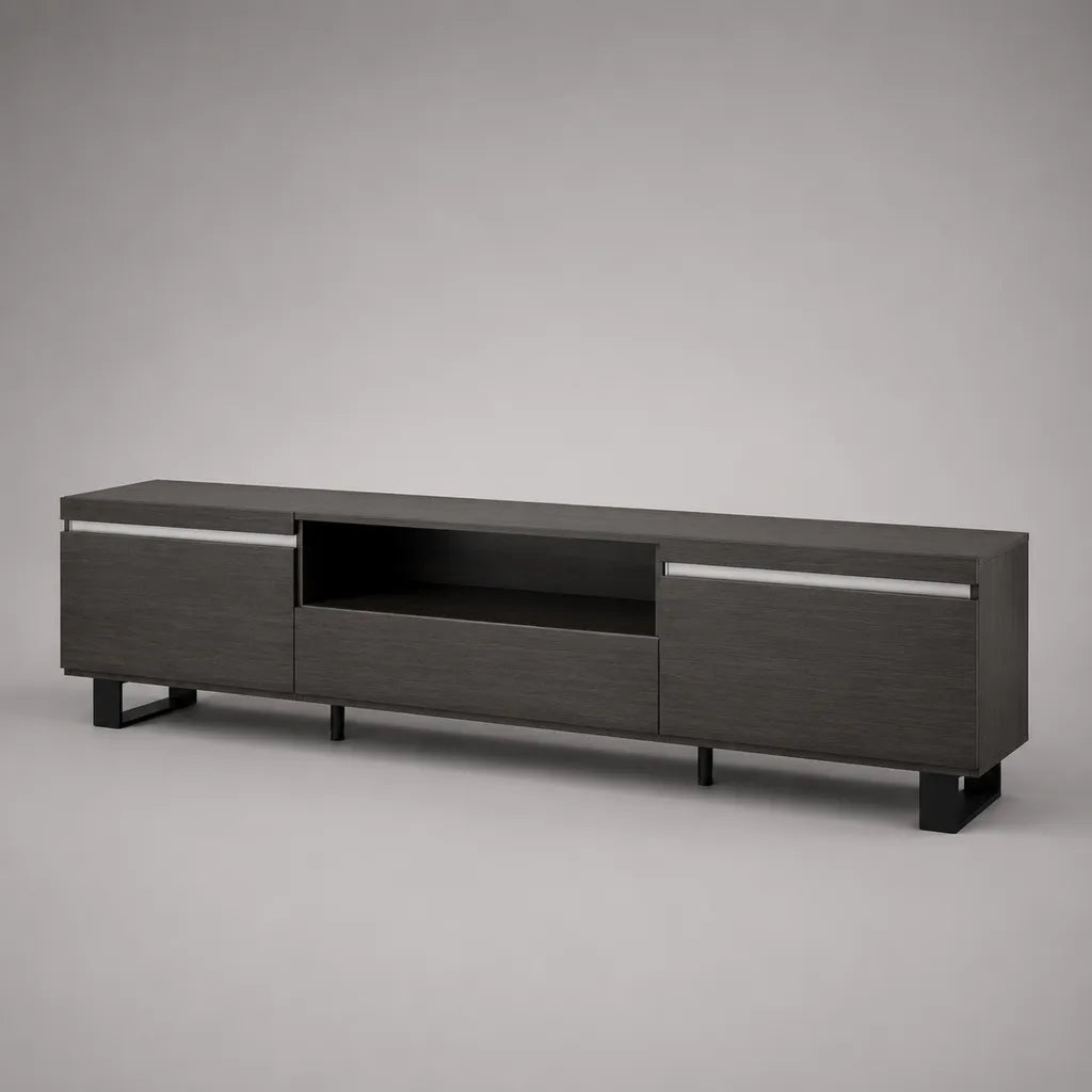 Basso armadio TV in legno e metallo, 2 porte, 1 cassetto e nicchia aperta, rovere nero, nero e argento, 180 × 40 × 55 cm
