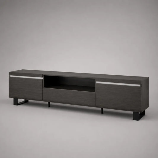 Basso armadio TV in legno e metallo, 2 porte, 1 cassetto e nicchia aperta, rovere nero, nero e argento, 180 × 40 × 55 cm